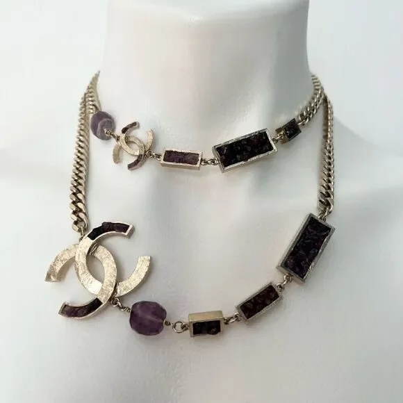 Chanel Y2K Gold Metal and Amethyst Curb Link Necklace Authentic - Picture 8 of 16
